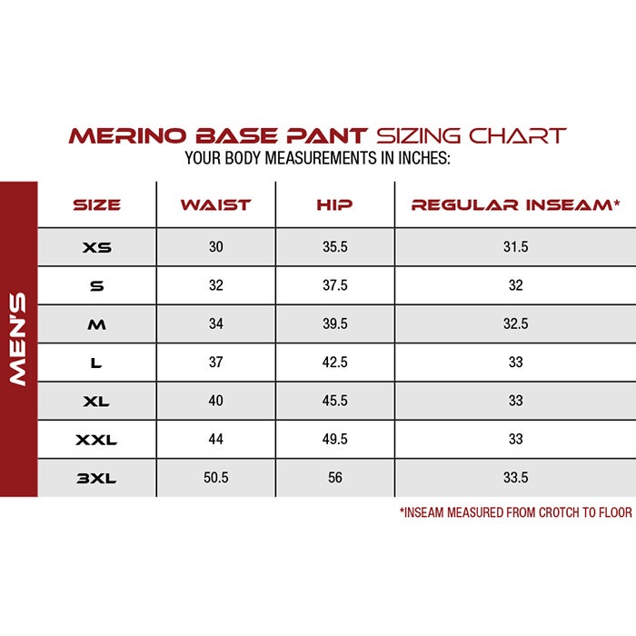 Merino Base Pant sizing chart showing men's waist hip and inseam measurements in inches with red and gray color scheme and detailed size options