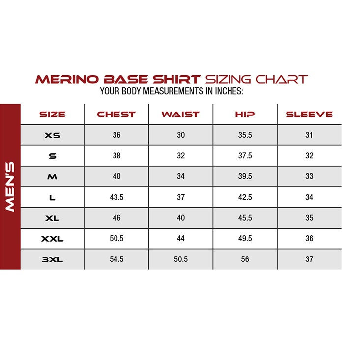 Graphic Merino Base Shirt sizing chart showing men's chest waist hip and sleeve measurements in inches with red and gray color scheme