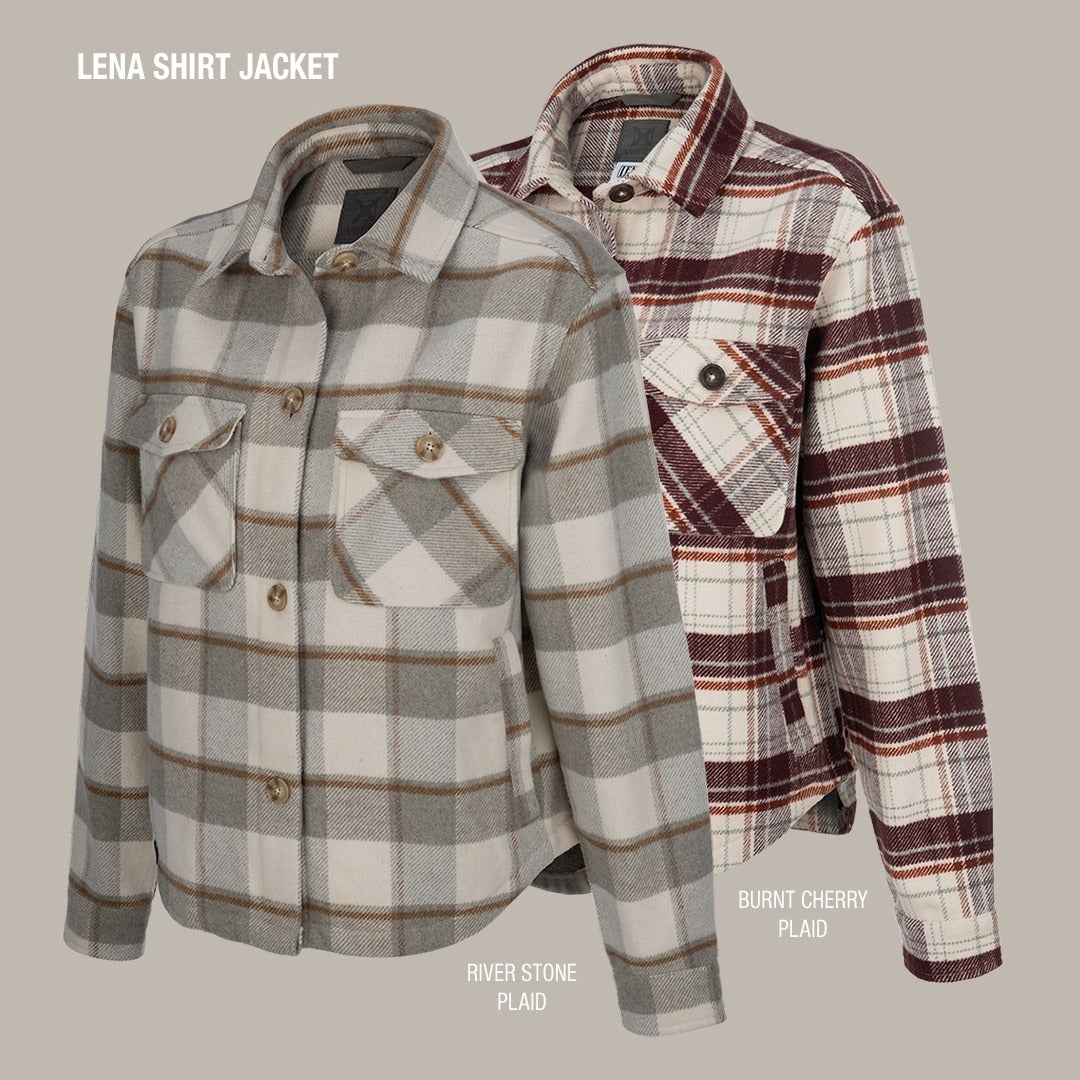 Product shot showcasing two Lena shirt jackets in River Stone and Burnt Cherry plaid featuring button-down closures, flap pockets, and a cropped silhouette