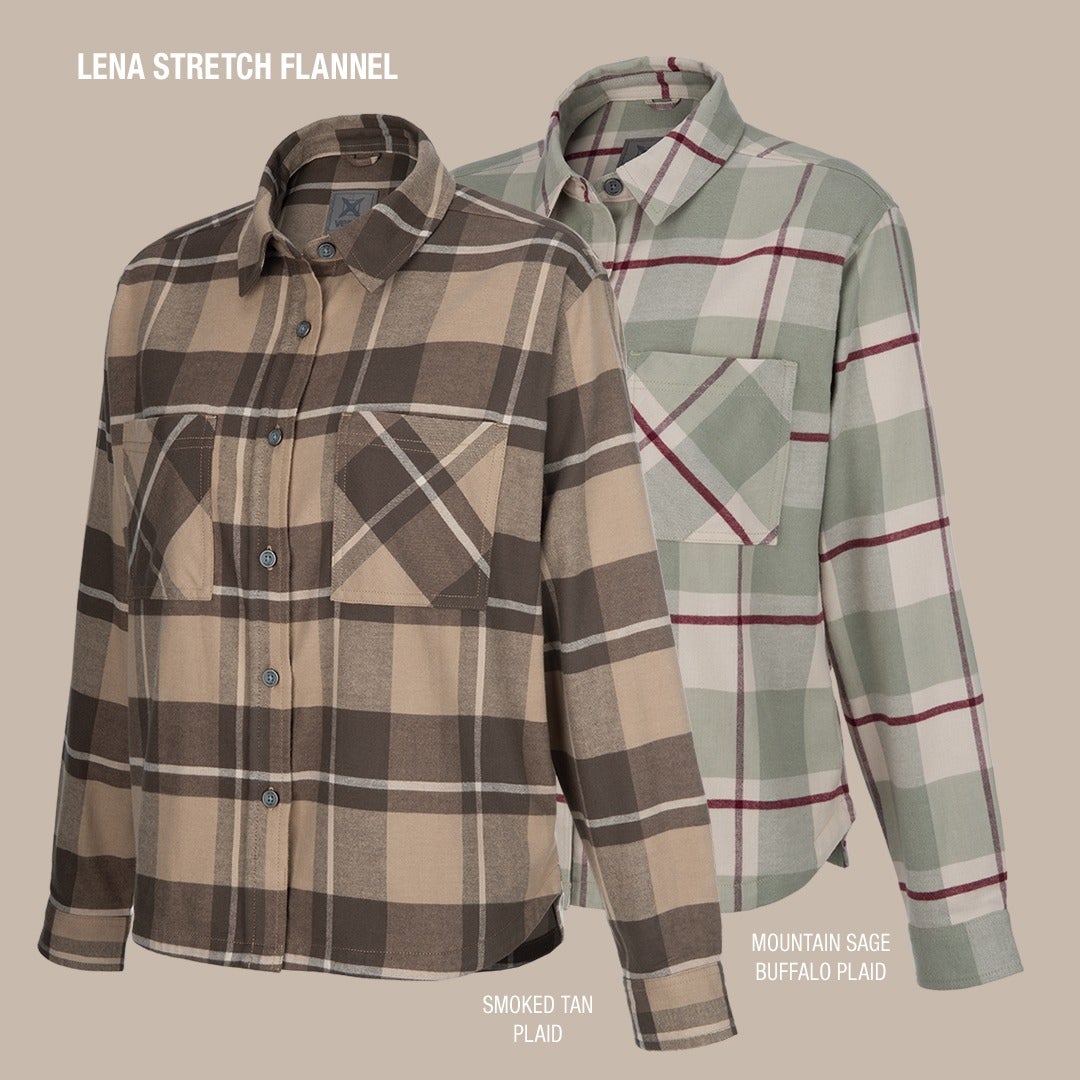 Product shot showcasing two Lena Stretch Flannel shirts in Smoked Tan and Mountain Sage Buffalo Plaid featuring button closures, chest pockets and a relaxed fit