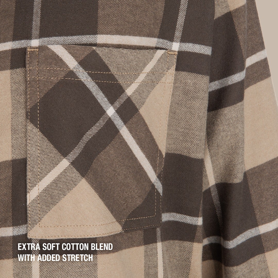 Close-up of a brown and beige plaid cotton blend shirt showing a detailed pocket with visible stitching and soft texture