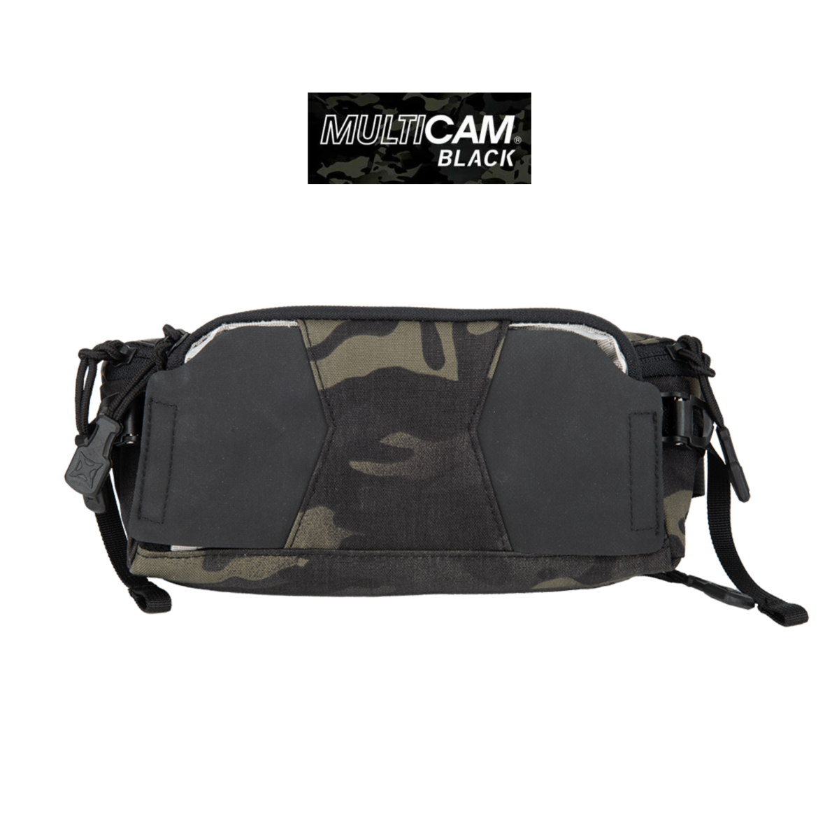 Product shot of a Multicam Black fanny pack featuring a large central black panel, grey and black camouflage fabric, and adjustable black straps