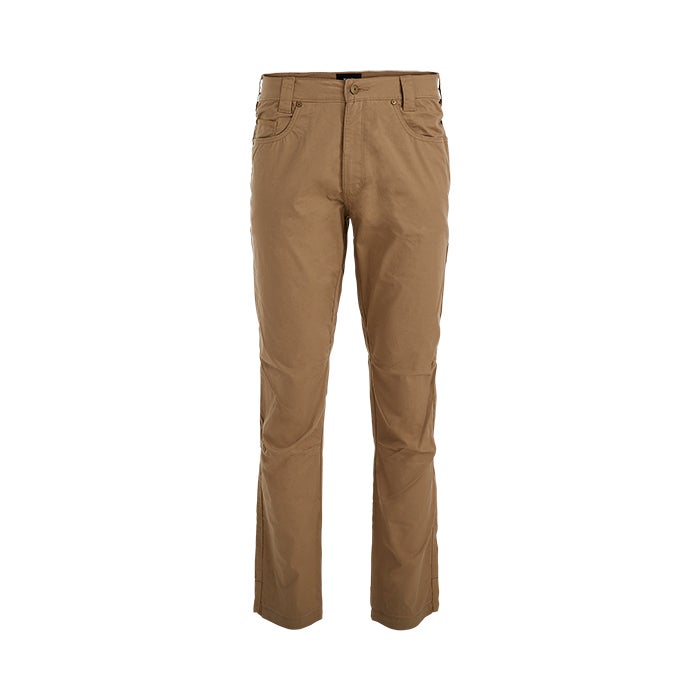 Product shot of a pair of tan men's pants featuring a straight leg and a classic five-pocket design against a white background