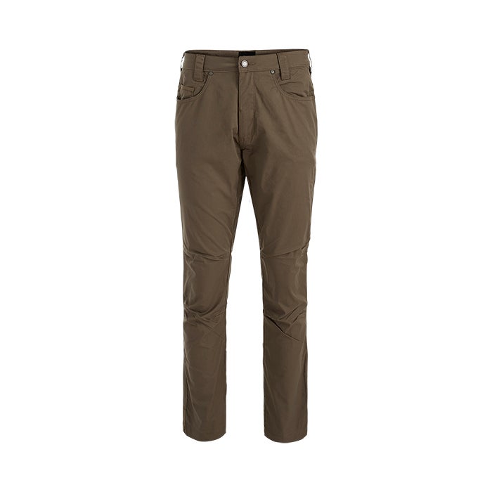 Product shot of men's olive green Fjällräven trousers featuring a comfortable fit articulated knees and a classic five-pocket design