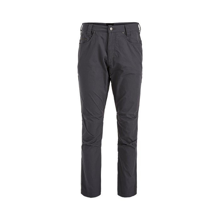 Product shot of dark gray men's pants featuring a classic straight leg, two front pockets, and a comfortable-looking fabric with subtle texture