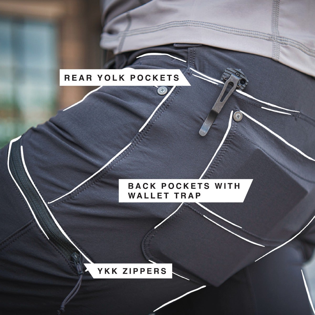 Product shot showcasing dark gray pants with rear yolk pockets, back pockets featuring a wallet trap, and YKK zippers detailed with white stitching and a black knife clip
