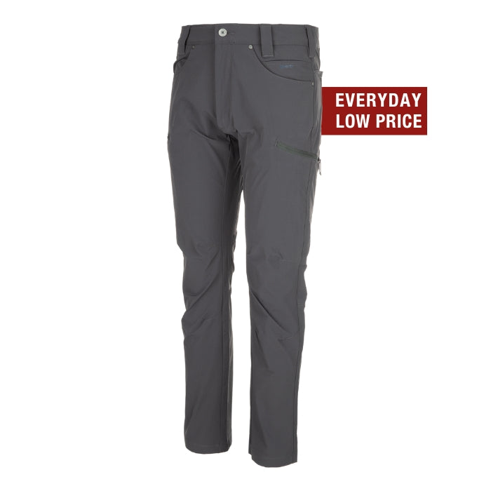 Product shot of gray men's pants featuring a zip pocket, button closure, and subtle articulated knees showcasing an everyday low price