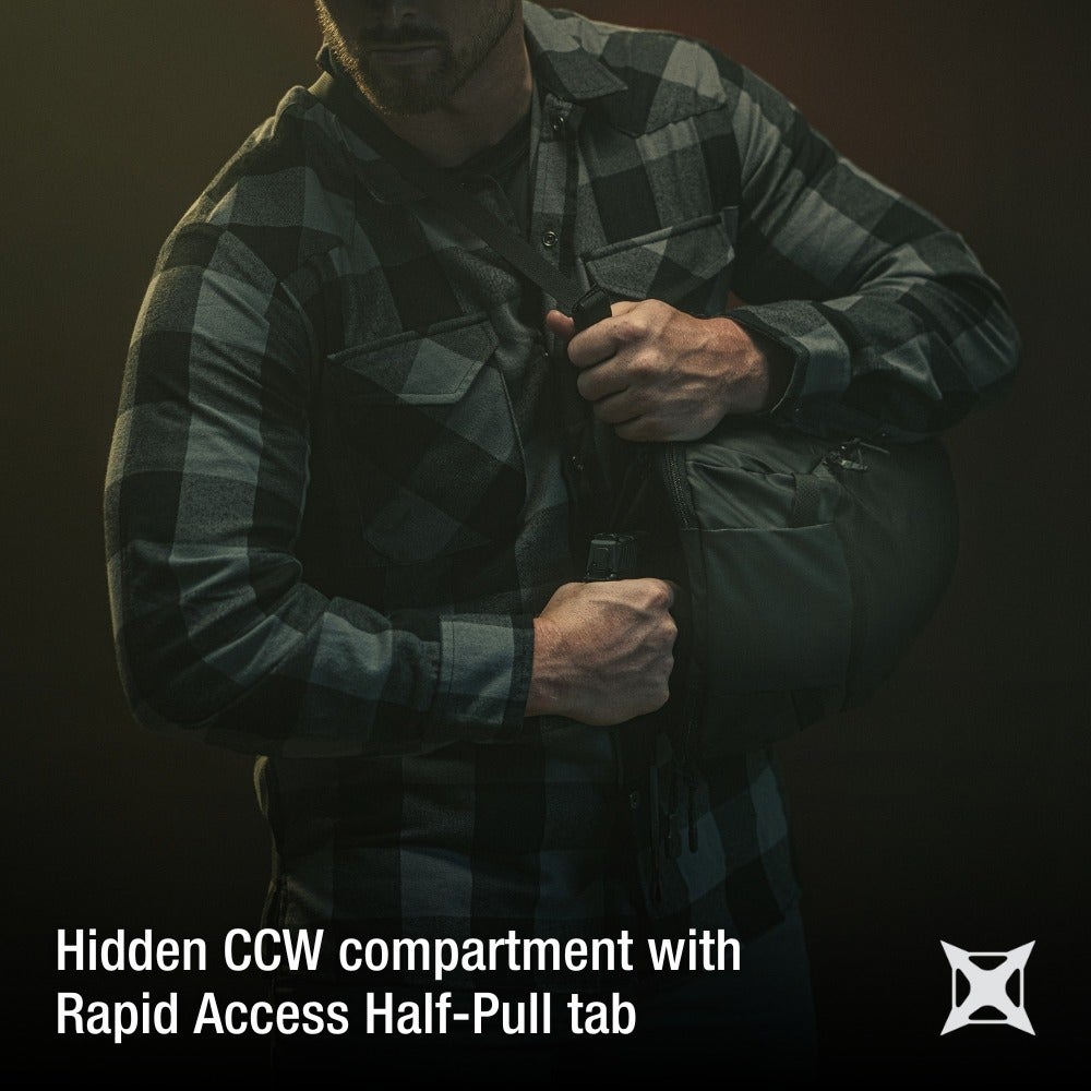 Product photography showing a man in a gray and black plaid shirt accessing a handgun from a concealed compartment in a dark bag with a rapid access half-pull tab, showcasing strong hands and detailed textures