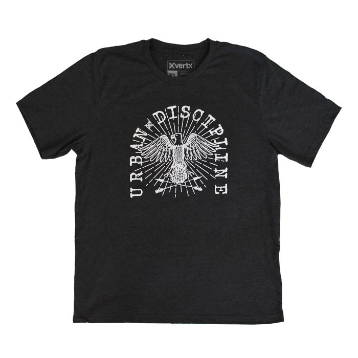 Xvertx t-shirt featuring a stylized eagle graphic with crossed arrows and sunburst radiating from behind, encircled by the text Urban Discipline in a vintage style with intricate detailing and a dark heather gray background