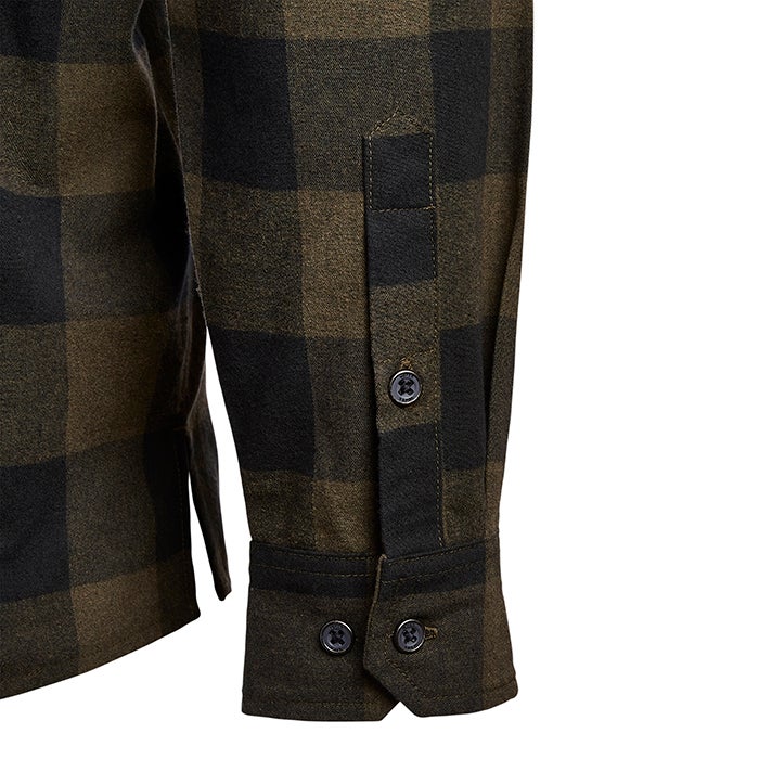 Close-up of a men's olive and black buffalo plaid long-sleeve shirt featuring dark buttons and a side pocket detail showing the fabric's texture and subtle sheen
