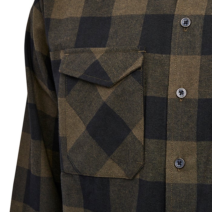 Close-up of a cotton flannel shirt featuring a black and olive green buffalo check pattern with a noticeable chest pocket and dark buttons