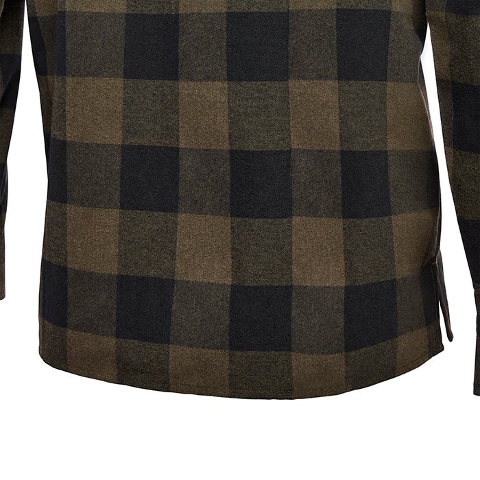 Close-up of a dark olive and black buffalo plaid flannel shirt showcasing its soft texture, subtle variations in the shades of green and black, and the unique side seam detail.