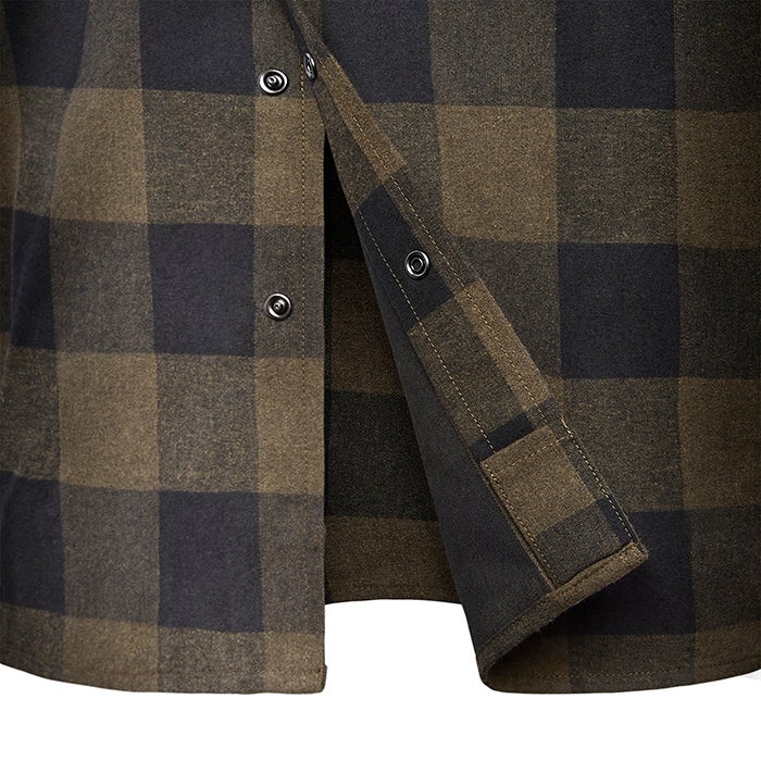 Close-up of a brushed cotton plaid shirt featuring olive and charcoal checks, visible buttons, and an inner pocket detail