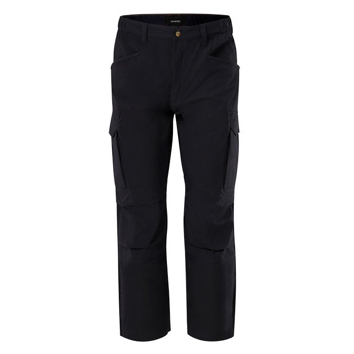 Product shot of Xvertix black cargo pants showing multiple pockets and reinforced knees