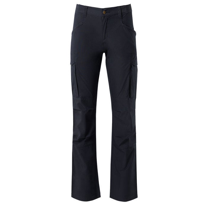 Product shot of dark navy blue cargo pants featuring multiple pockets and reinforced knees against a white background