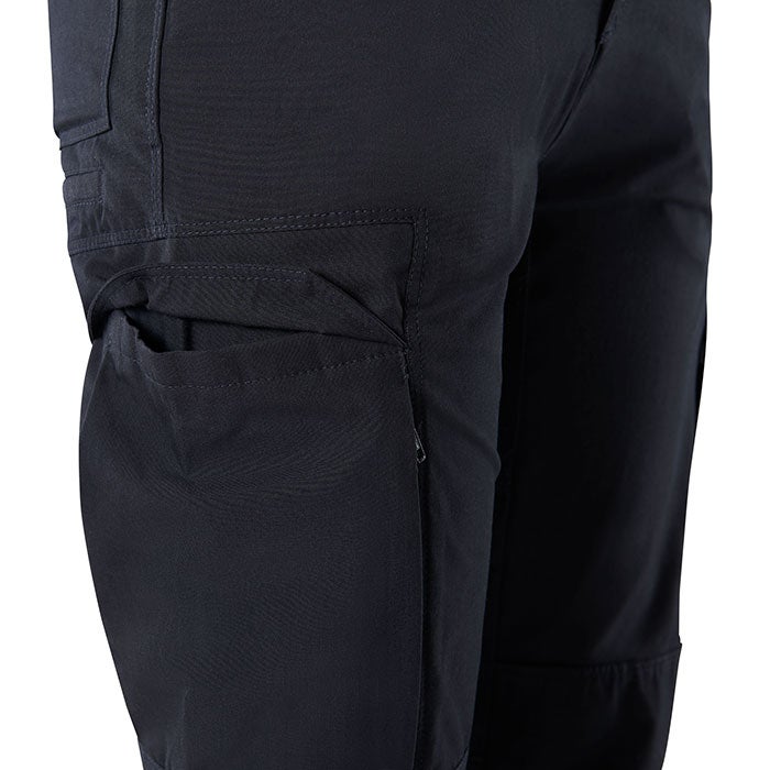Close-up of dark navy blue tactical pants showcasing multiple pockets, reinforced stitching, and a zippered detail