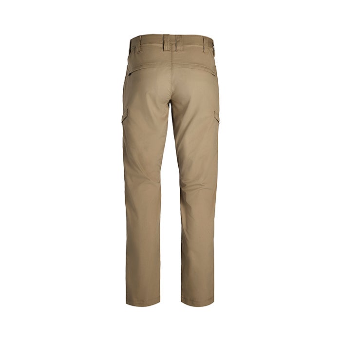 Product shot of tan cargo pants showing a rear view with a belt loop detail and two side cargo pockets