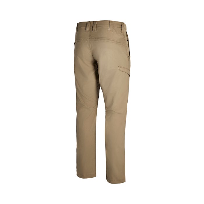 Product shot of tan men's tactical pants showcasing a rear view with a reinforced waistband and two utility pockets featuring durable fabric and a comfortable fit