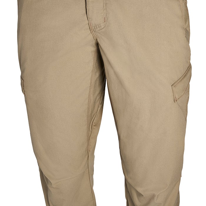 Close-up of tan cargo pants showing a side cargo pocket and subtle stitching details