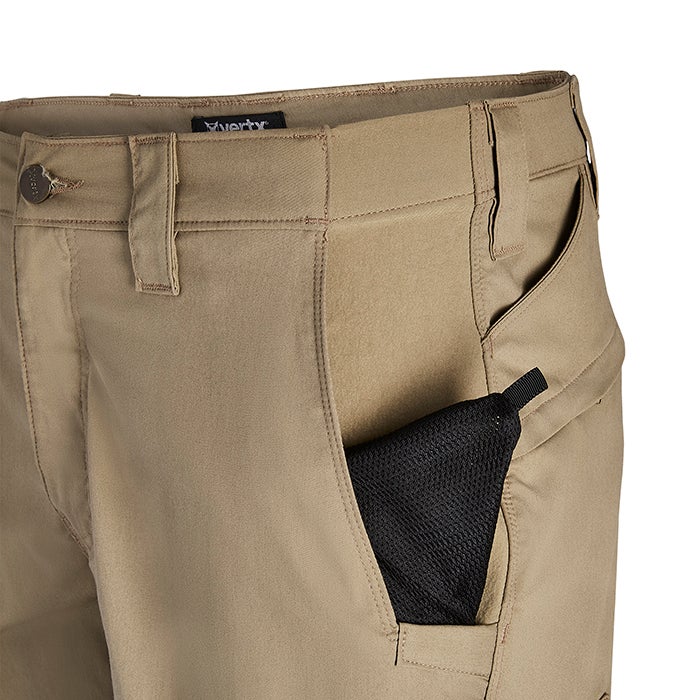 Product shot showing tan 5.11 tactical pants with a black mesh pocket and a branded waistband featuring subtle stitching details