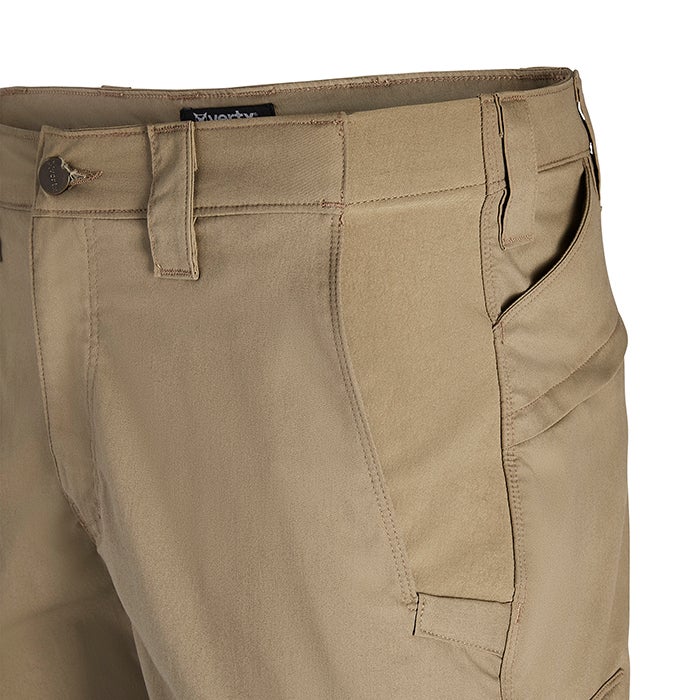 Close-up of tan Everly Brothers pants showing a detailed view of the waistband, pockets, and stitching