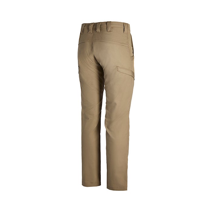 Product shot of tan tactical pants featuring multiple pockets and a comfortable fit