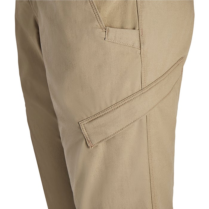 Close-up of khaki pants showcasing a unique diagonal cargo pocket with detailed stitching and a subtle textured fabric showing off its light beige color and reinforced seams