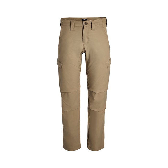Product shot of tan XPRT convertible pants featuring multiple pockets and a layered design