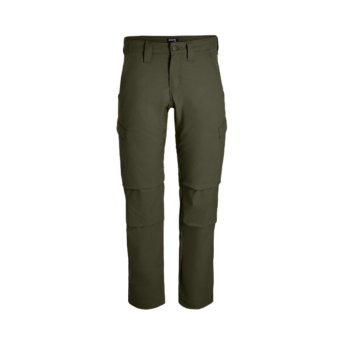 Product shot of olive-green XPRT convertible pants featuring multiple pockets and a comfortable fit against a white background