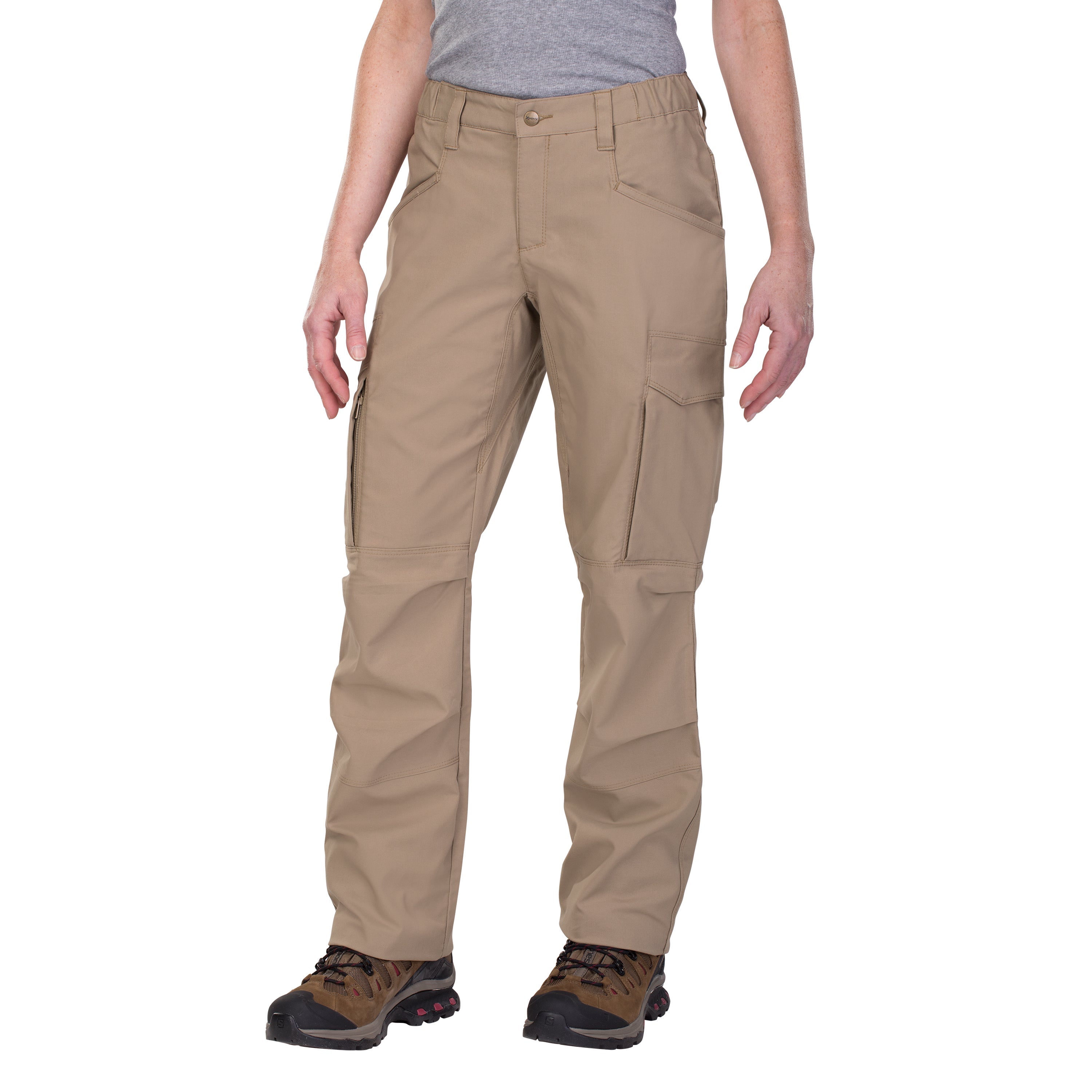 Product shot showing khaki tactical pants with multiple pockets and brown hiking boots against a white background