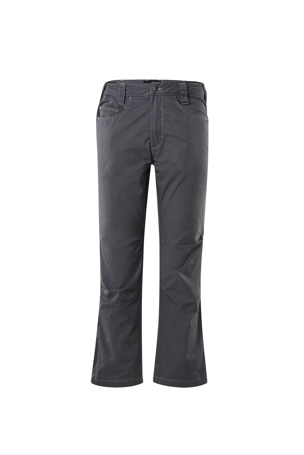 Product shot of dark gray men's pants featuring a button fly, reinforced knees, and subtle stitching details