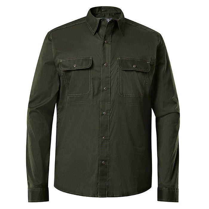 Product shot of a dark olive green long sleeve button down shirt featuring two chest pockets and subtle contrast stitching