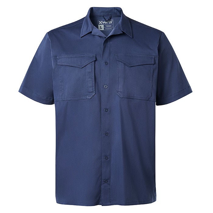 Product shot of a navy blue Vertex short-sleeved work shirt featuring two chest pockets and a button-down collar showing a size large label