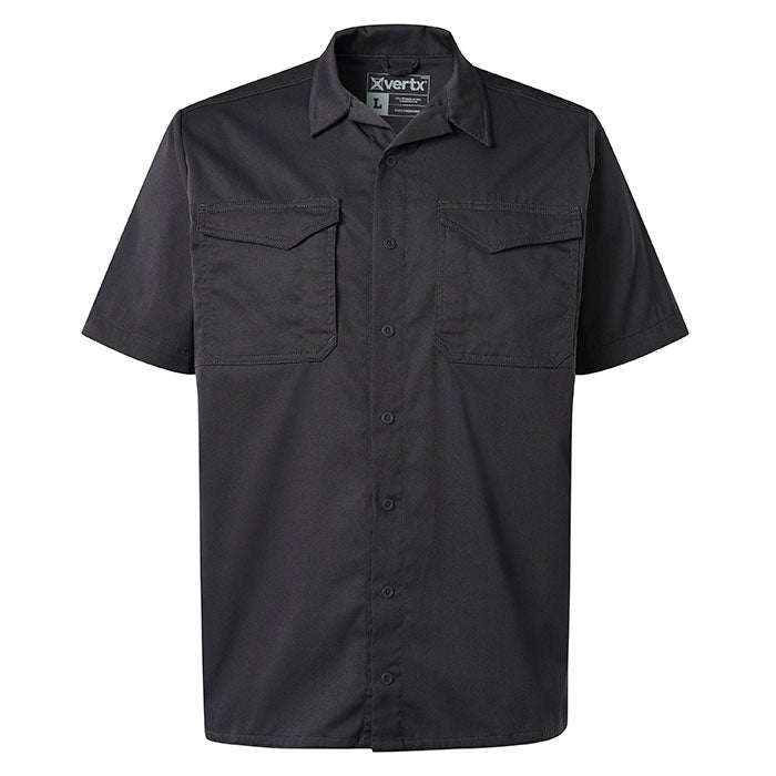 Product shot of a dark gray XVertx short-sleeved work shirt featuring two chest pockets and a button-down front showcasing its durable fabric and clean design