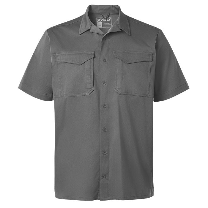 Product shot of a charcoal gray Vexar short sleeve button down shirt with two chest pockets and a branded label showing the size L