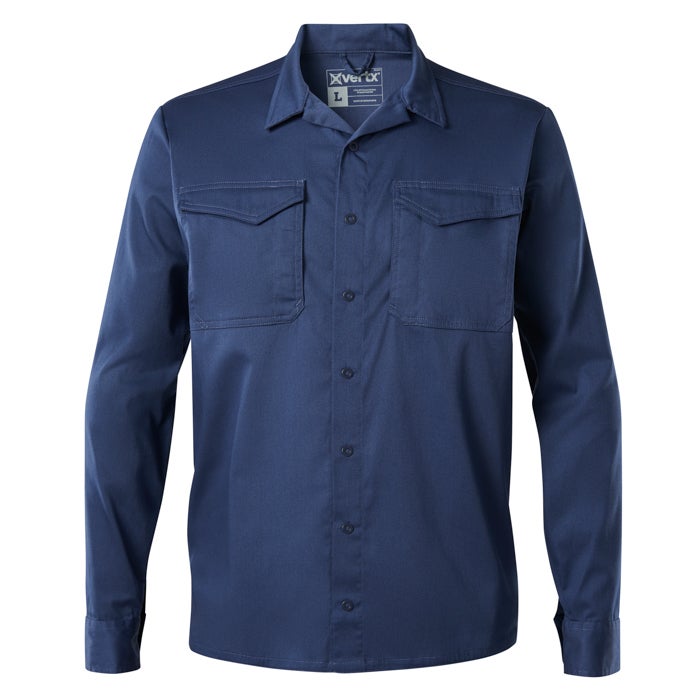 Product shot of a navy blue X-Vertx long sleeve work shirt featuring two chest pockets a button-down collar and a size label.