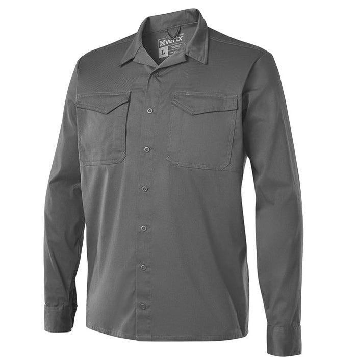 Product shot of a charcoal gray X Vertx long sleeve button down shirt featuring two chest pockets and a branded label
