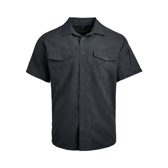 Product shot of a dark gray short-sleeved button-down shirt featuring two chest pockets and a pen pocket on the sleeve showcasing a subtle textured weave and dark buttons