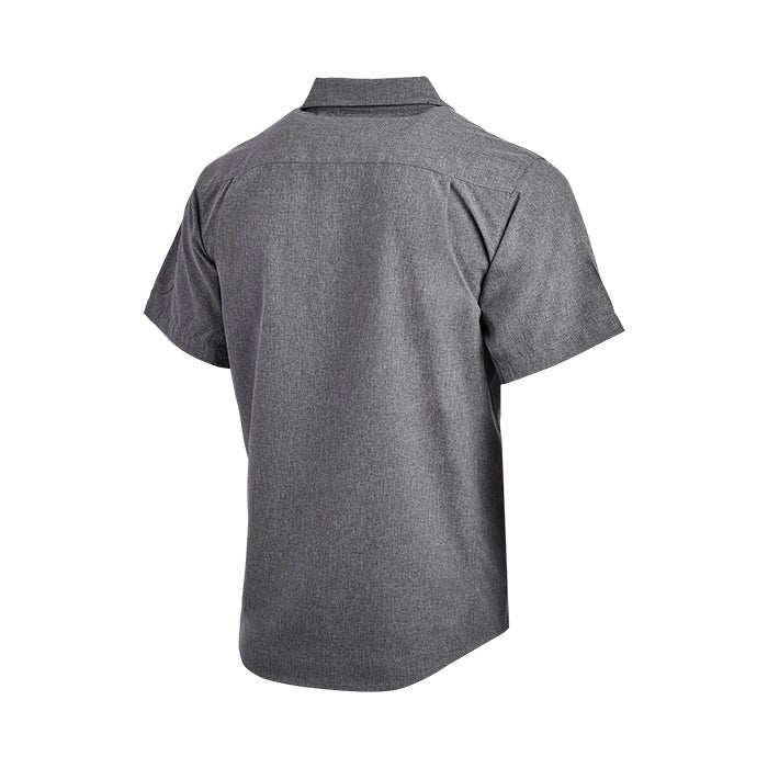 Product shot of a charcoal gray short-sleeve woven shirt showing a back view with a button-down collar and subtle texture
