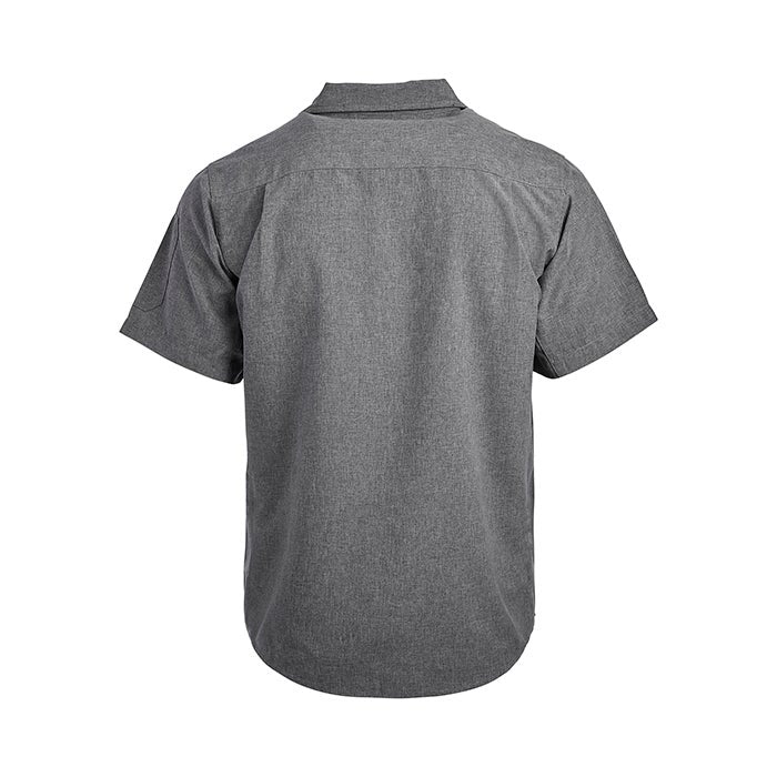 Product shot of a charcoal gray short-sleeved button-down shirt showing a textured fabric subtle stitching and a curved hem