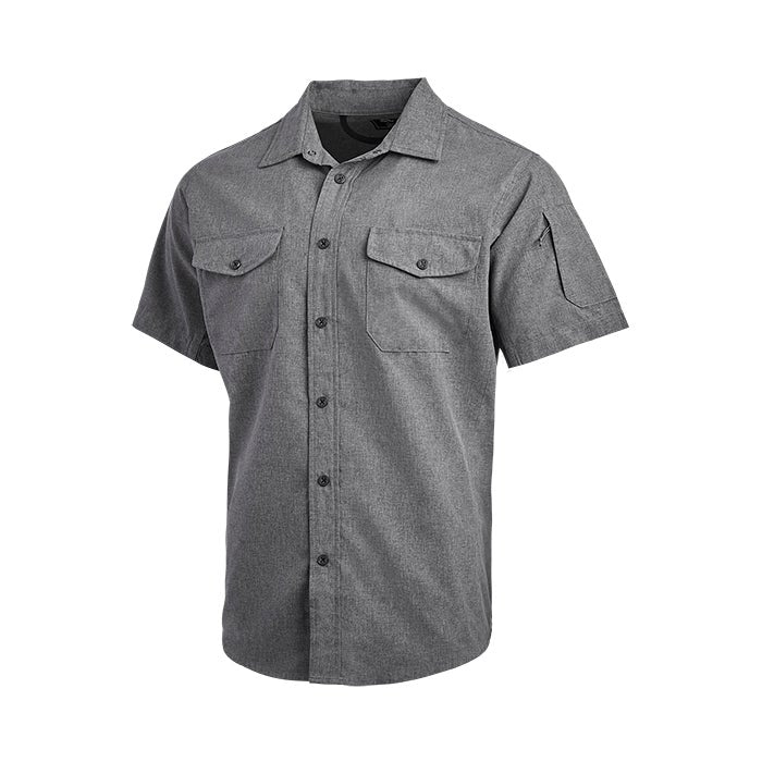 Product shot of a grey short-sleeved button-down shirt featuring two chest pockets and a pen pocket on a white background