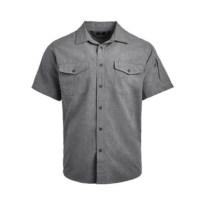 Product shot of a dark gray short-sleeved button-down shirt featuring two chest pockets and a pen pocket on the sleeve showcasing a textured fabric and dark buttons
