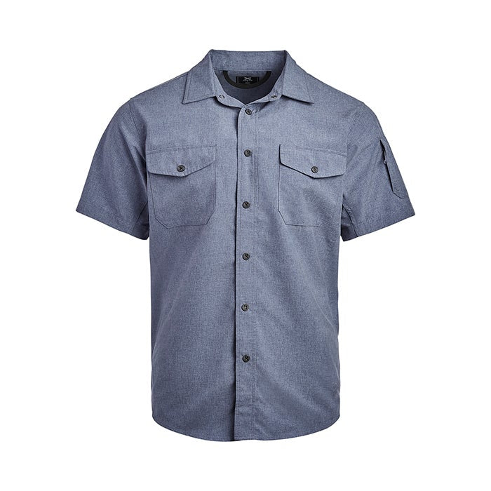 Product shot of a blue short sleeve button down shirt featuring two chest pockets and a pen pocket a subtle heather texture and dark buttons