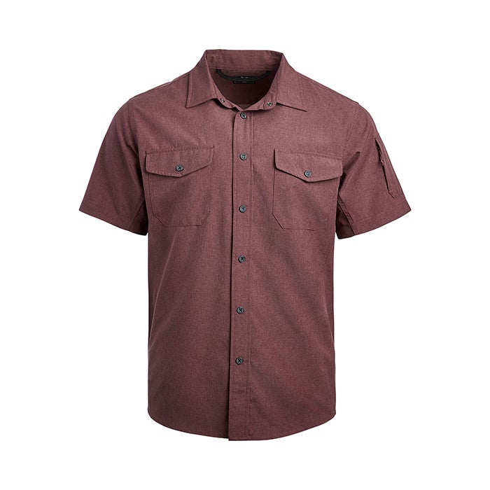 Product shot of a maroon short-sleeved button-down shirt with two flap pockets and zippered sleeve pockets showcasing a textured fabric and dark buttons