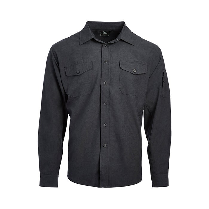A dark gray long-sleeved button-down shirt with two chest pockets and a pen pocket featuring a subtle textured fabric and dark buttons on a white background