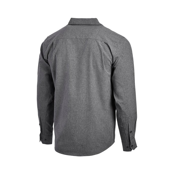 Product shot of a charcoal gray long-sleeve button-down shirt featuring a classic collar and subtly textured fabric with visible button closures on the cuffs