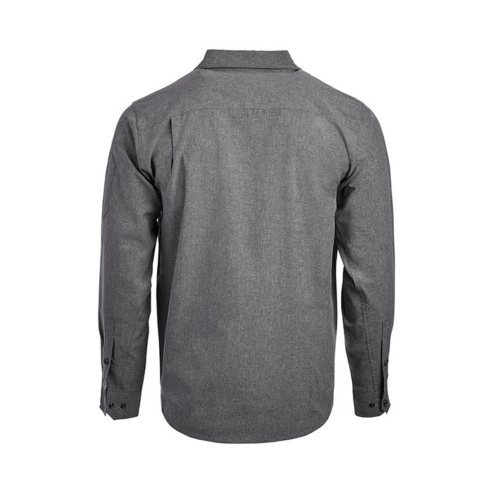 Product shot of a charcoal gray long-sleeved button-down shirt featuring a subtle texture, a left breast pocket, and buttoned cuffs