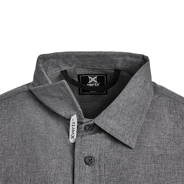 Close-up of a heather gray Vertx shirt featuring a black drawstring, branded buttons, and a minimalist logo tag