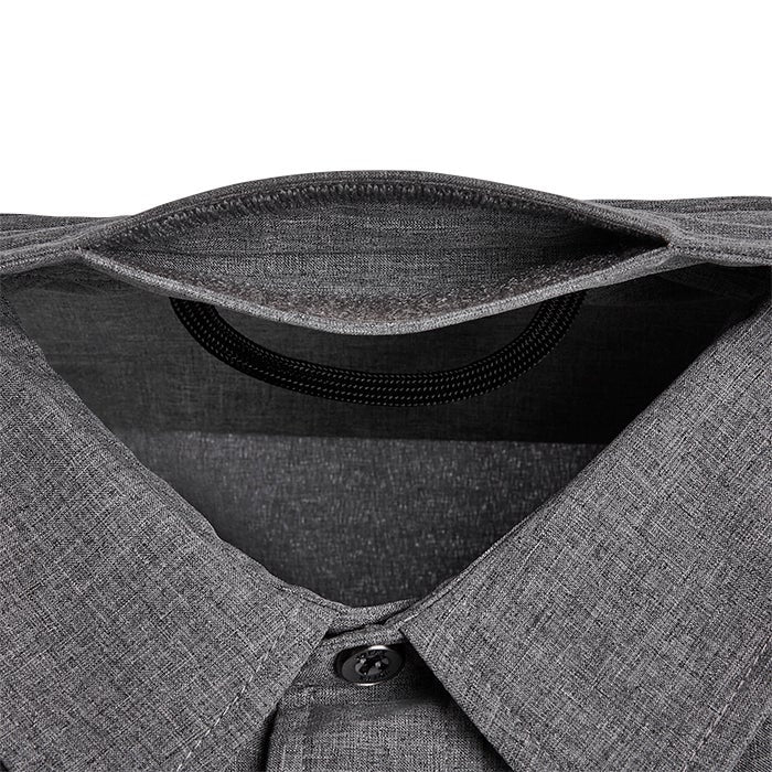 Close-up of a gray, textured shirt collar featuring a hidden internal pocket and a dark drawstring detail showing subtle stitching and a button closure