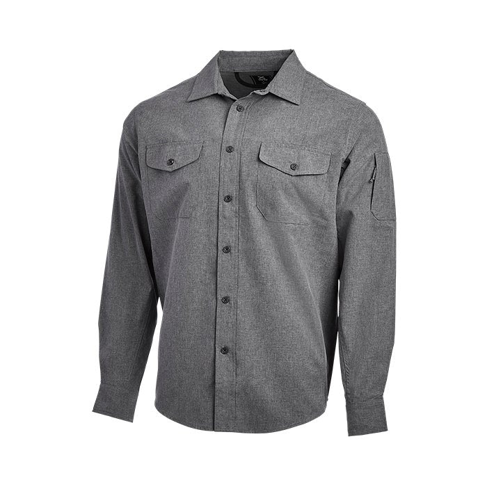Product shot of a gray long-sleeved button-down shirt featuring two chest pockets a zippered sleeve pocket and dark buttons on a white background